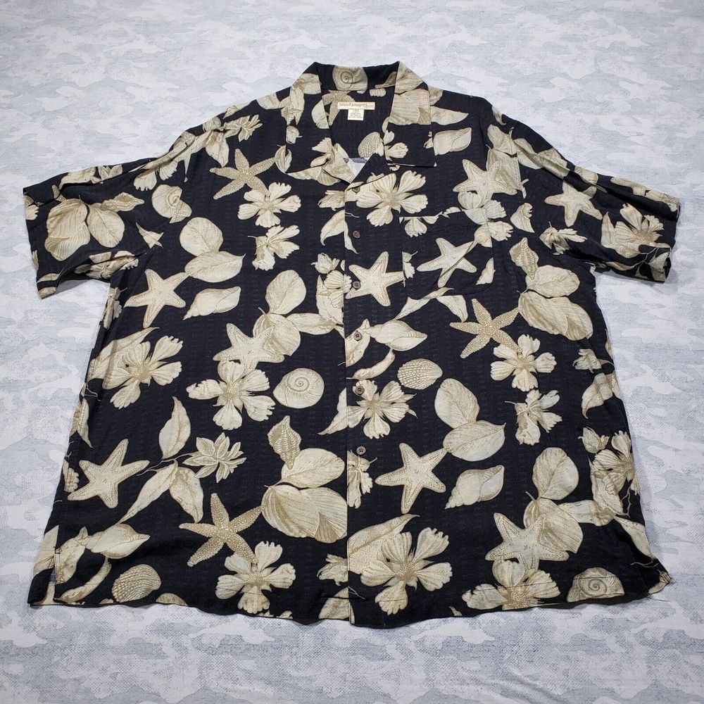 Island Passport Hawaiian Shirt Mens‎ 2XL Black Sea Shell Button Up Short Sleeve